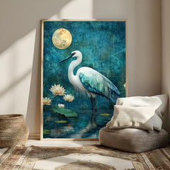 Mystical Heron Wall Art, Moonlit Lotus Pond Canvas, Blue Bird Landscape Print, Nature Wall Decor, Serene Home Accent
