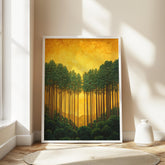Golden Forest Wall Art, Sunlit Pine Trees Canvas, Warm Woodland Landscape Print, Nature Wall Decor, Serene Home Accent