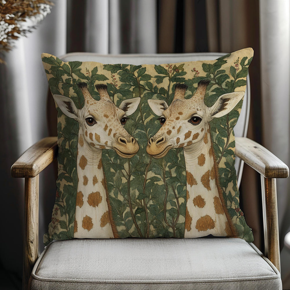 Gentle Giraffe Pair Throw Pillow, Vintage Botanical Wildlife Cushion, Neutral Nature Decor, Storybook Garden Accent Pillow