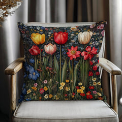 Colorful Spring Tulip Throw Pillow, Vintage Wildflower Garden Cushion, Bright Botanical Decor, Floral Meadow Accent Pillow