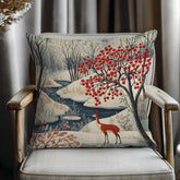 Winter Forest Deer Throw Pillow, Snowy Woodland Berry Tree Cushion, Folk Art Nature Decor, Cozy Nordic Accent Pillow
