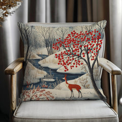 Winter Forest Deer Throw Pillow, Snowy Woodland Berry Tree Cushion, Folk Art Nature Decor, Cozy Nordic Accent Pillow