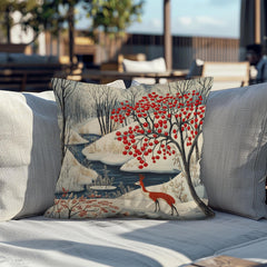 Winter Forest Deer Throw Pillow, Snowy Woodland Berry Tree Cushion, Folk Art Nature Decor, Cozy Nordic Accent Pillow
