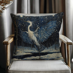 Winter Heron Moonlight Throw Pillow, Snowy Night Bird Cushion, Blue Woodland Wildlife Decor, Enchanted Forest Accent Pillow