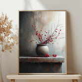 Moody Berry Branch Wall Art, Rustic Still Life Framed Canvas, Dark Neutral Pottery Print, Textured-Look Botanical Poster, Elegant Home Decor