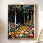 Forest Wildflower Meadow Framed Canvas, Vibrant Cottagecore Nature Wall Art, Blooming Floral Field Print, Botanical Woodland Decor