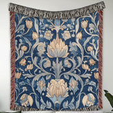 Blue Vintage Throw Blanket, Cotton Woven Blanket, Cozy Picnic Blanket, Vintage Floral Blanket, William Morris Inspired Blanket Gift for Mom