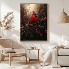 Red Cardinal Winter Framed Canvas Wall Art, Moody Woodland Bird Artwork, Rustic Nature Home Decor, Winter Wildlife Art