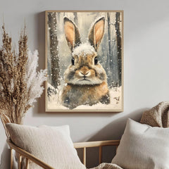 Rabbit Portrait Framed Canvas Art, Woodland Animal Wall Art, Cozy Winter Wildlife Decor, Rustic Nature Art