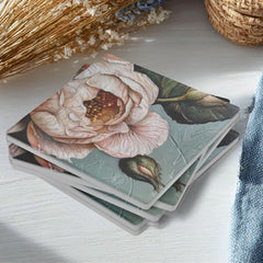 Vintage Rose Coaster Set of 4, Botanical Floral Decor, Soft Neutral Drink Coasters, Elegant Home Accent