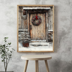 Rustic Winter Door Framed Canvas Art, Farmhouse Holiday Wall Art, Cozy Christmas Entryway Decor