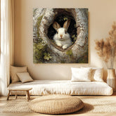 Forest Rabbit Canvas Wall Art, Woodland Bunny in Tree Print, Nature Lover Poster, Framed Canvas for Warm Earthy Cottagecore Home Decor