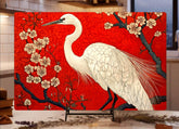 White Heron Glass Cutting Board, Red Floral Japanese Style Kitchen Glass Counter Art, Elegant Bird Tempered Glass Board Home Decor Gift