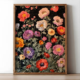 Vintage Floral Pattern Wall Art, Dark Botanical Garden Illustration, Colorful Wildflower Design, Cottagecore Home Decor Print