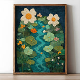 Botanical River Garden Wall Art, Flowing Stream Floral Illustration, Lush Green Nature Design, Whimsical Cottage Home Decor