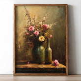 Moody Wildflower Still Life Wall Art, Vintage Floral Bottle Painting, Dark Rustic Floral Canvas, Cottagecore Home Decor