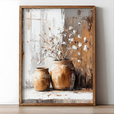 Soft White Floral Vase Wall Art, Neutral Still Life Canvas, Vintage Pottery Flower Artwork, Earthy Farmhouse Decor