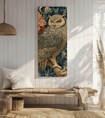Vintage Style Owl Wall Art, Tall Vertical Framed Canvas, Ornate Woodland Bird Illustration, Dark Moody Decor