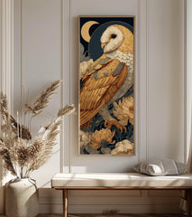 Golden Barn Owl Wall Art, Tall Vertical Framed Canvas, Celestial Bird Illustration, Elegant Nature Decor