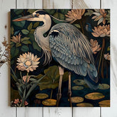 William Morris Style Blue Heron Art, Vintage Coastal Home Decor, Framed Nature Canvas Art, Vintage Inspired Illustration,Ready to Hang Decor