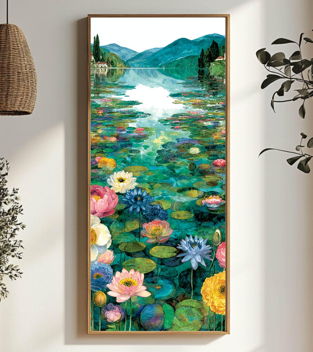 Water Lily Lake Wall Art, Tall Framed Canvas Art with Floral Pond Landscape, Serene Nature Home Decor