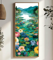Water Lily Lake Wall Art, Tall Framed Canvas Art with Floral Pond Landscape, Serene Nature Home Decor