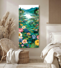 Water Lily Lake Wall Art, Tall Framed Canvas Art with Floral Pond Landscape, Serene Nature Home Decor