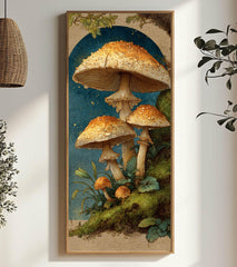 Vintage Mushroom Illustration Wall Art, Tall Framed Canvas Art with Woodland Fungi, Cottage Nature Home Decor
