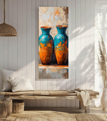Abstract Twin Vase Wall Art, Tall Framed Canvas Art with Textured Blue and Orange Design, Modern Artistic Home Decor