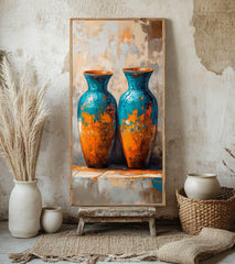 Abstract Twin Vase Wall Art, Tall Framed Canvas Art with Textured Blue and Orange Design, Modern Artistic Home Decor