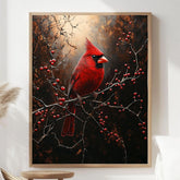 Red Cardinal Winter Framed Canvas Wall Art, Moody Woodland Bird Artwork, Rustic Nature Home Decor, Winter Wildlife Art