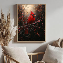 Red Cardinal Winter Framed Canvas Wall Art, Moody Woodland Bird Artwork, Rustic Nature Home Decor, Winter Wildlife Art