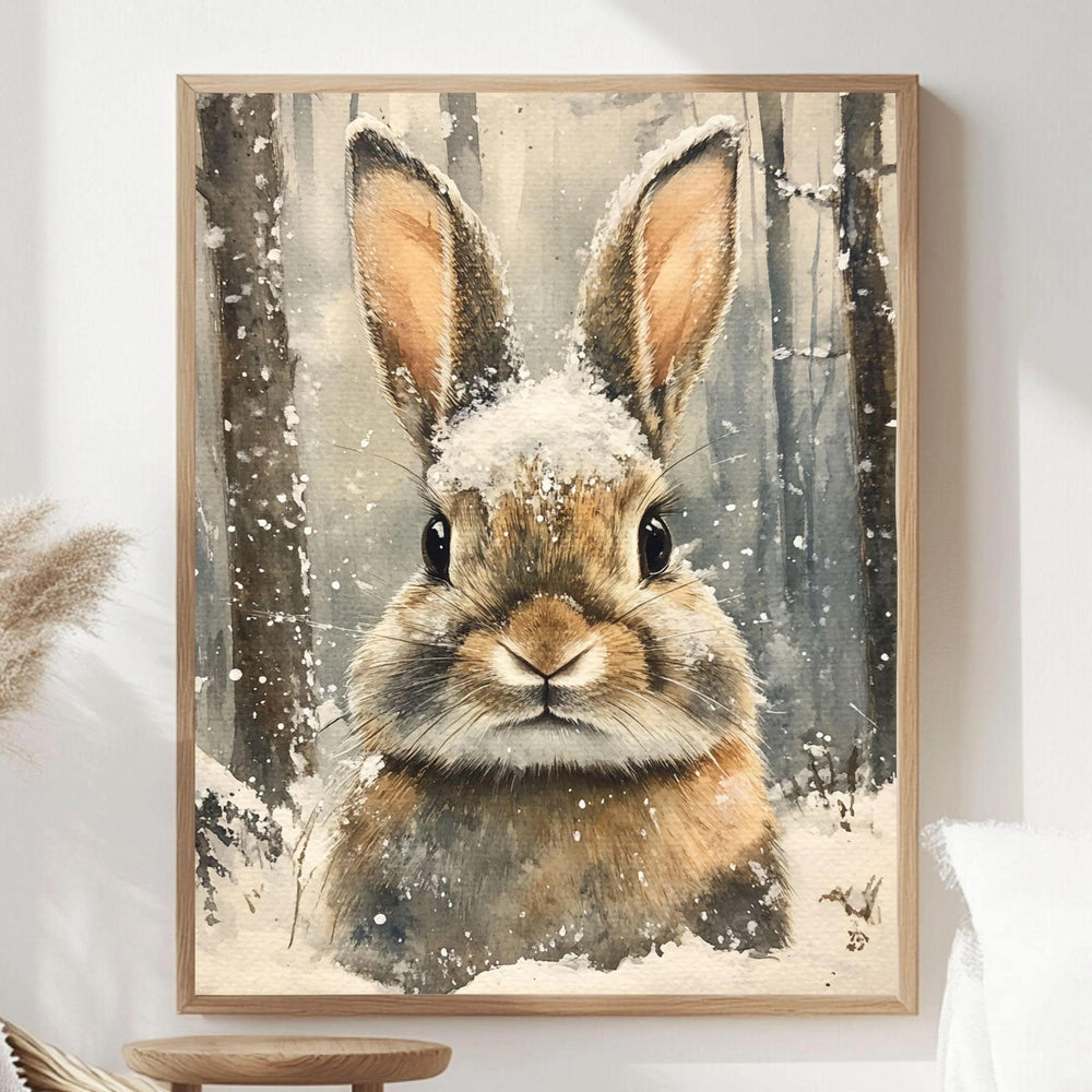 Rabbit Portrait Framed Canvas Art, Woodland Animal Wall Art, Cozy Winter Wildlife Decor, Rustic Nature Art