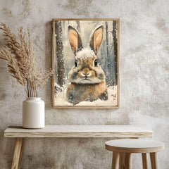 Rabbit Portrait Framed Canvas Art, Woodland Animal Wall Art, Cozy Winter Wildlife Decor, Rustic Nature Art