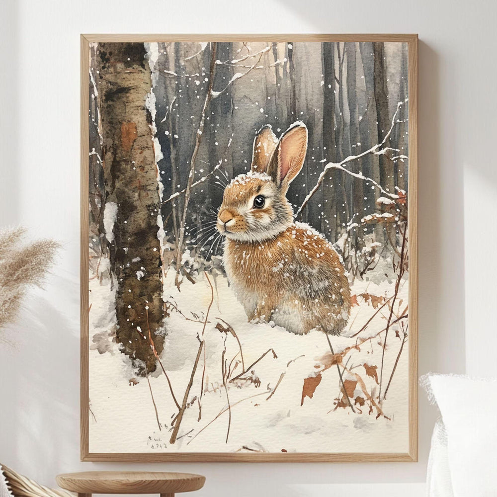 Woodland Rabbit Framed Canvas Art, Winter Animal Wall Art, Forest Wildlife Decor, Cozy Nature Canvas