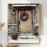Rustic Winter Door Framed Canvas Art, Farmhouse Holiday Wall Art, Cozy Christmas Entryway Decor