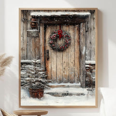 Rustic Winter Door Framed Canvas Art, Farmhouse Holiday Wall Art, Cozy Christmas Entryway Decor