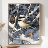 Chickadee Wall Art, Winter Bird Illustration Print, Woodland Nature Art, Print Canvas Framed Canvas Decor