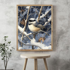 Chickadee Wall Art, Winter Bird Illustration Print, Woodland Nature Art, Print Canvas Framed Canvas Decor
