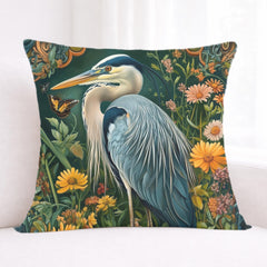 Heron Garden Pillow, Vintage Bird Art Cushion, William Morris Inspired Floral Throw Pillow, Botanical Pillowcase, Cottagecore Decor