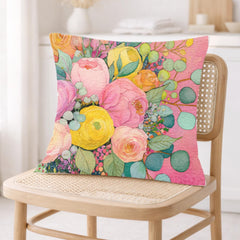 Pink Yellow Floral Pillow, Pastel Garden Cushion, Romantic Botanical Throw Pillow, Cottagecore Pillowcase, Spring Couch Decor