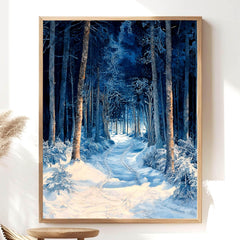 Blue Forest Path Wooden Canvas Art, Winter Wonderland Wall Print, Snowy Landscape Holiday Decor, Serene Woodland Framed Canvas