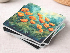 Poppy Botanical Coaster Set of 4, Teal Floral Table Decor, Cottage Garden Drink Coasters, Nature Inspired Home Accent