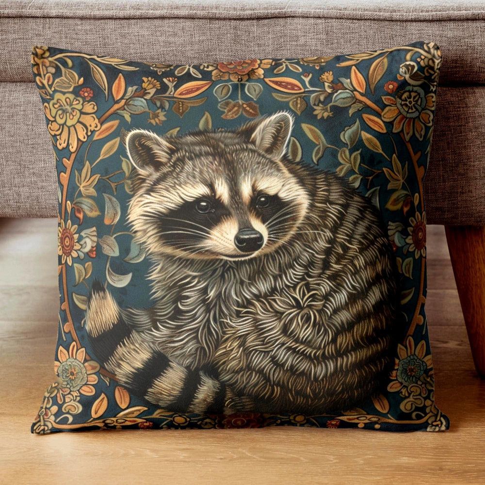 Raccoon Pillow, Woodland Botanical Cushion, William Morris Inspired Throw Pillow, Forest Nature Couch Accent, Vintage Raccoon Pillowcase