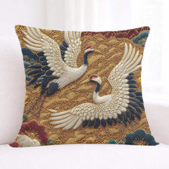 Crane Faux Embroidery Pillow, Vintage Asian Bird Cushion, Ornate Floral Throw Pillow, Whimsical Textile Pillowcase, Elegant Nature Decor