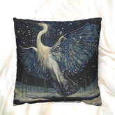 Winter Heron Moonlight Throw Pillow, Snowy Night Bird Cushion, Blue Woodland Wildlife Decor, Enchanted Forest Accent Pillow