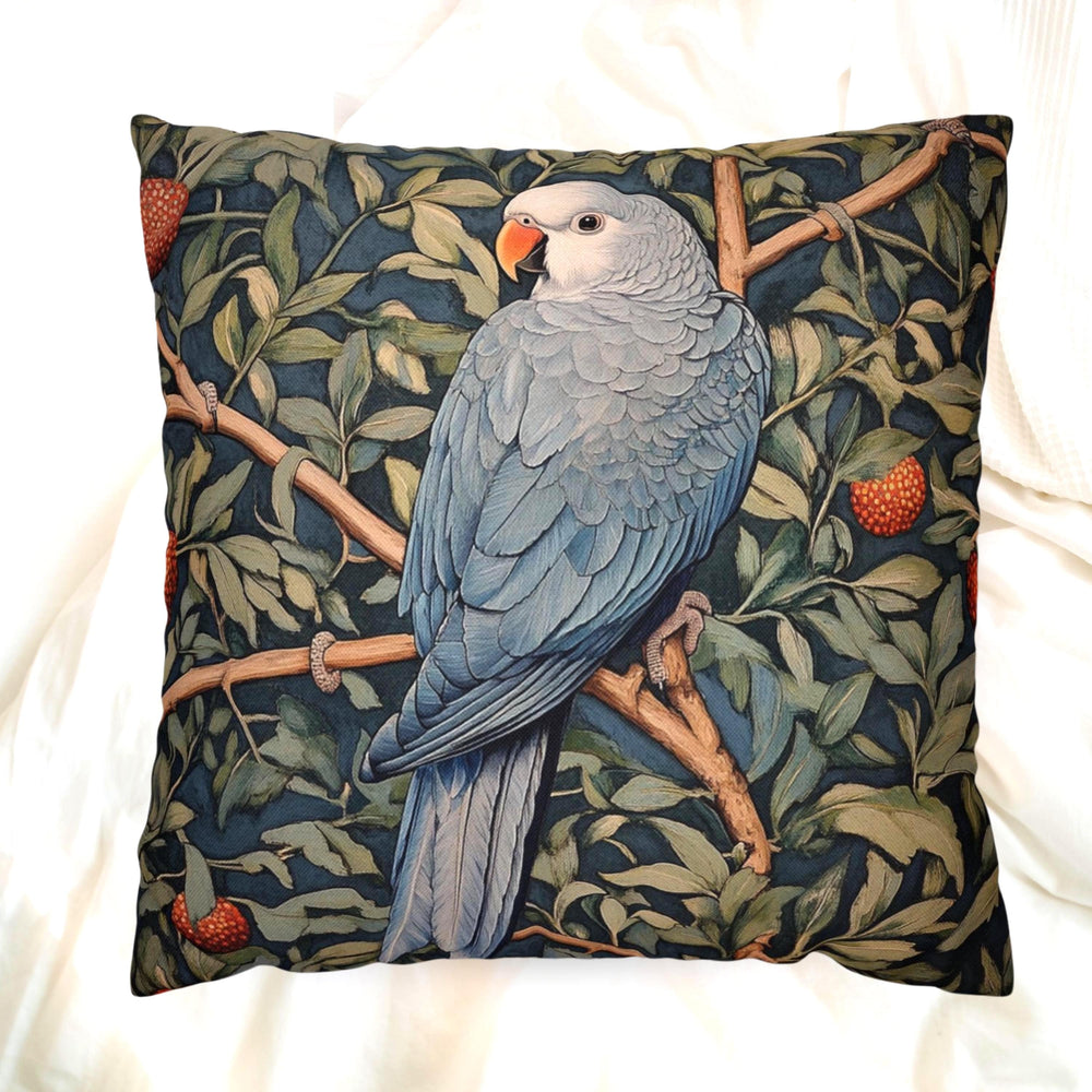 Blue Parrot Throw Pillow, Botanical Bird Cushion Cover, William Morris Inspired Jungle Decor, Artsy Tropical Leaf Accent, Nature Home Pillow