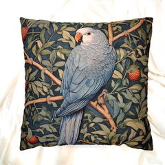 Blue Parrot Throw Pillow, Botanical Bird Cushion Cover, William Morris Inspired Jungle Decor, Artsy Tropical Leaf Accent, Nature Home Pillow