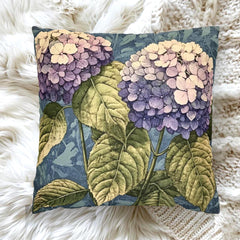 Purple Hydrangea Pillow, Vintage Garden Flower Cushion, Botanical Bloom Throw Pillow, Rustic Floral Nature Pillowcase, Cottagecore Decor