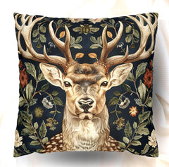 Woodland Vintage Deer Pillow William Morris Inspired, Deer Cushion Cover, Wildlife Living Room Decor, Whimsical Throwpillow